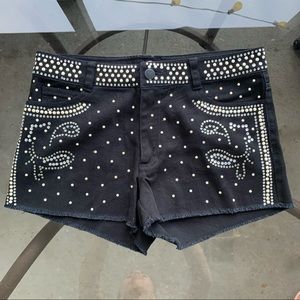 Olsenboye Demin Bedazzled Frayed Hem Shorts in Black -Size 1, Jewels, Dots Studs